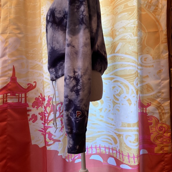 PINK VICTORIA SECRET TIE DYE CROP TOP BLUE SWEATSHIRT DRAWSTRING WAIST SMALL - Picture 5 of 6